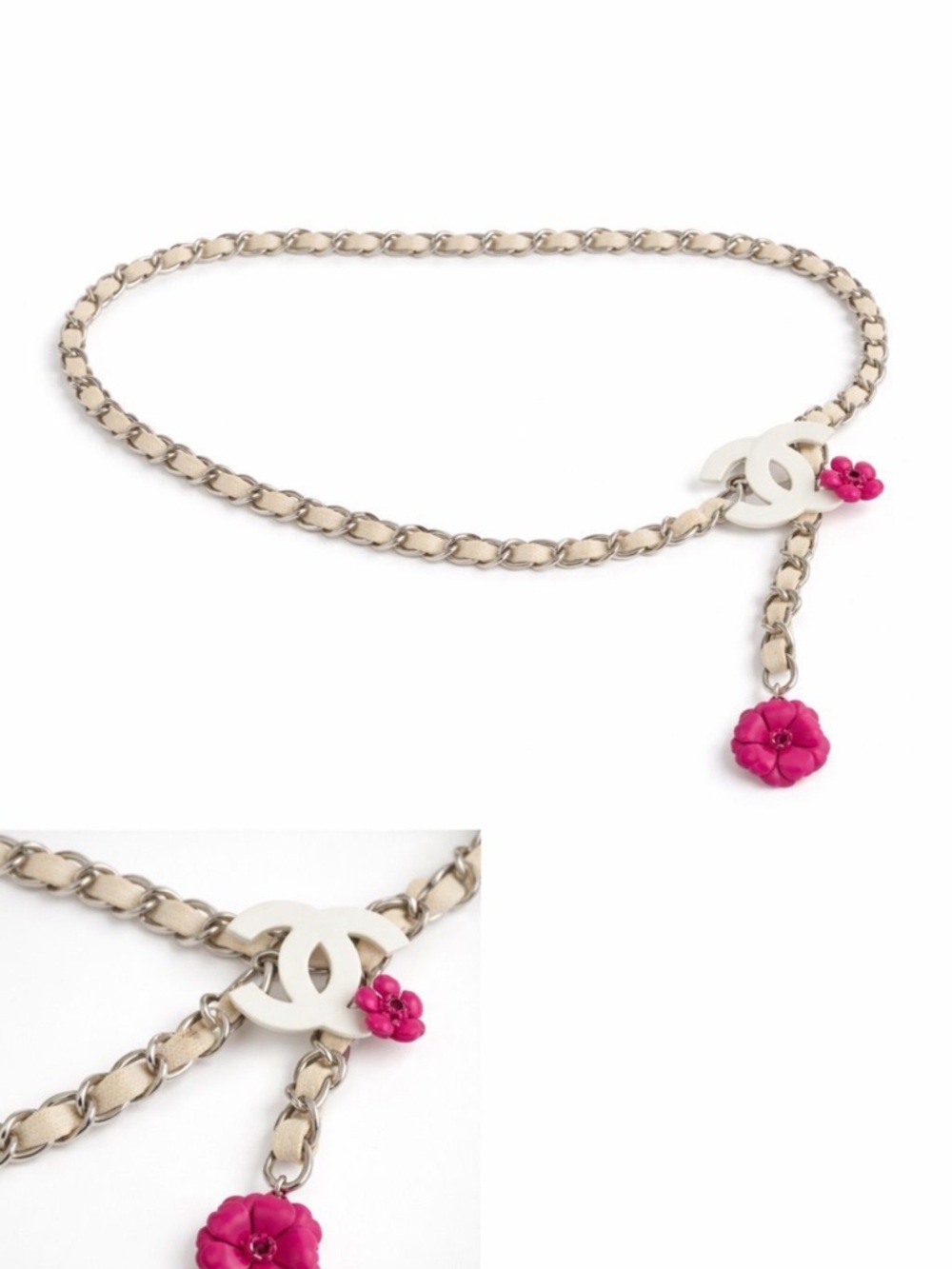 Chanel Chain Link CC Belt Pink Camellia Silver Tone 2004 Vintage - Picture 1 of 6